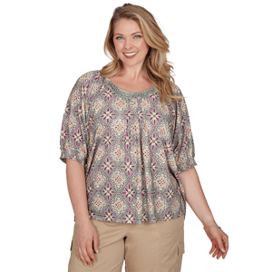 Plus Size Ruby Rd. Sedona Escape Desert Geo Lace Trim Blouse