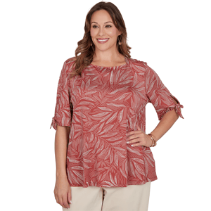 Plus Size Ruby Rd. Sedona Escape Elbow Tie Sleeve Leaf Blouse