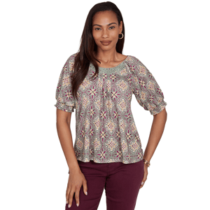 Petite Ruby Rd. Sedona Escape Desert Geo Lace Trim Blouse