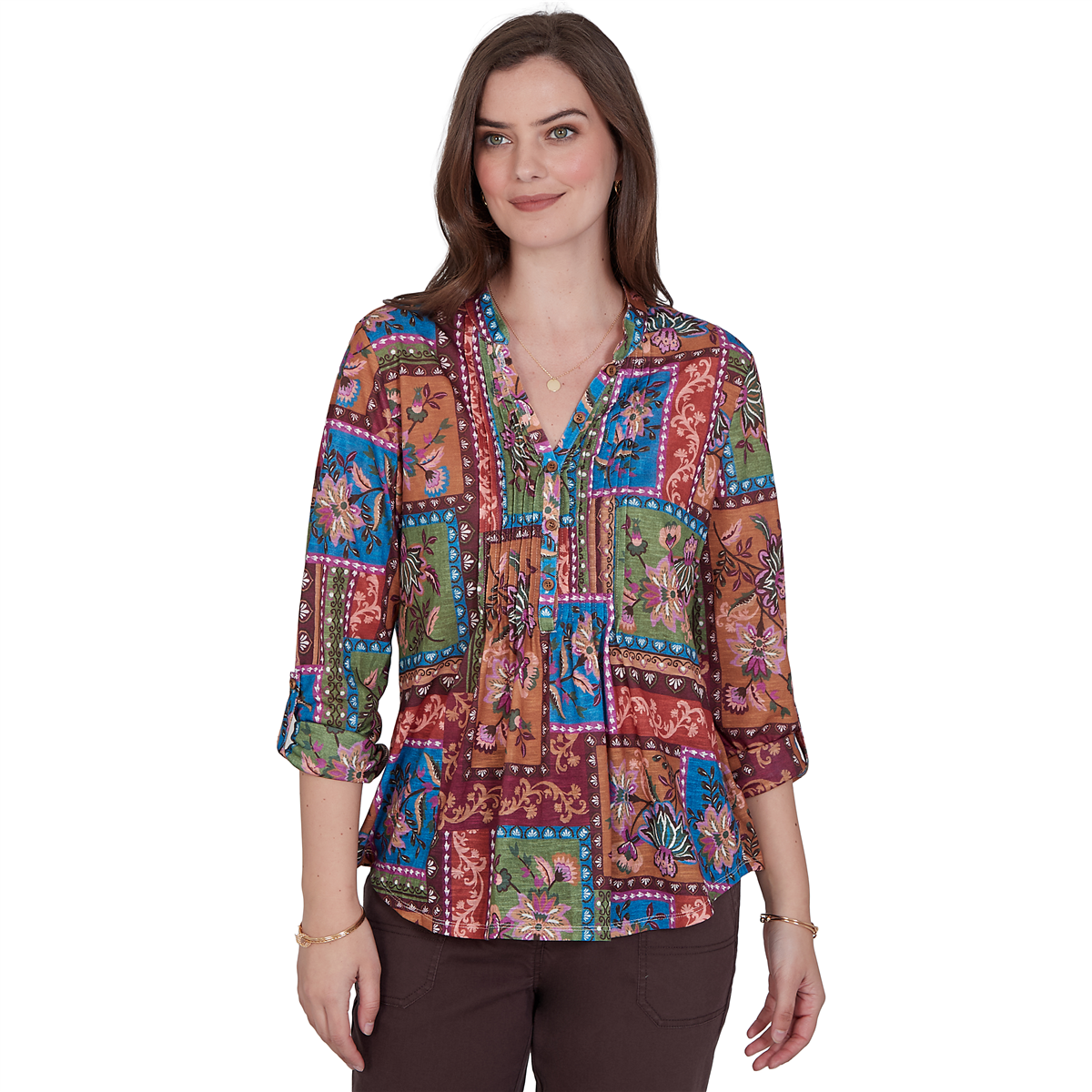 Ruby Rd. Petite Tapestry Top 3/4-Sleeve Floral-Print Button-Front Blouse - Cornflower Multi