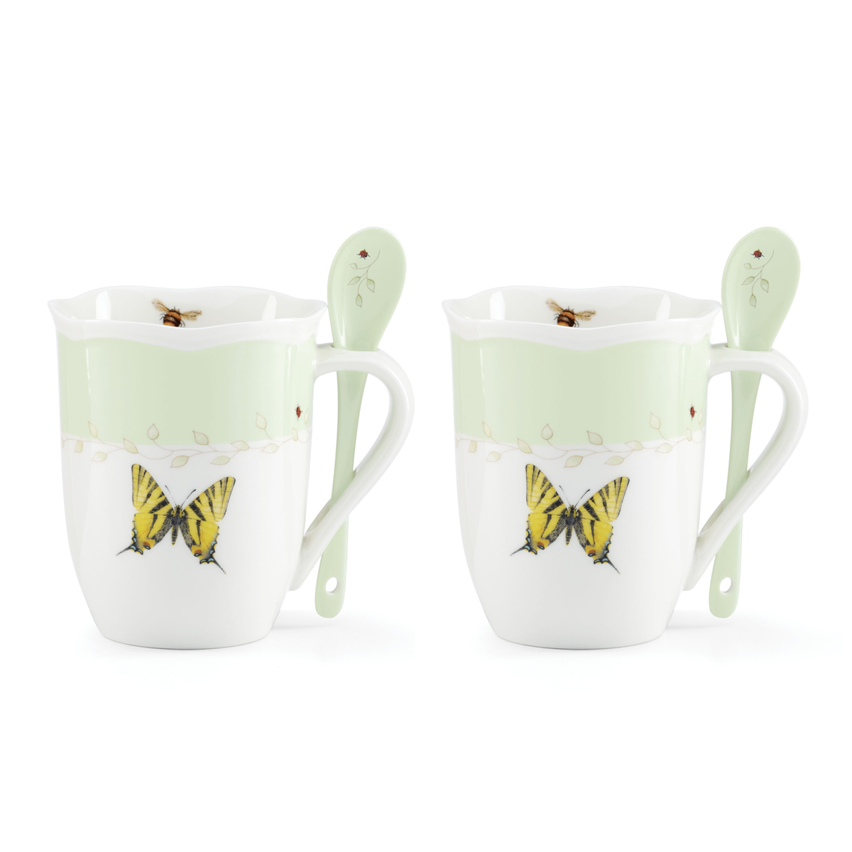 897802 Butterfly Meadow Green Mugs with Spoons - Set of 2