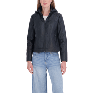 Womens Sebby Faux Leather Hooded Jacket with Faux Fur