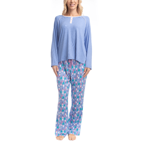 Womens Goodnight Kiss Cherry & Merry Snowman Henley Pajama Set