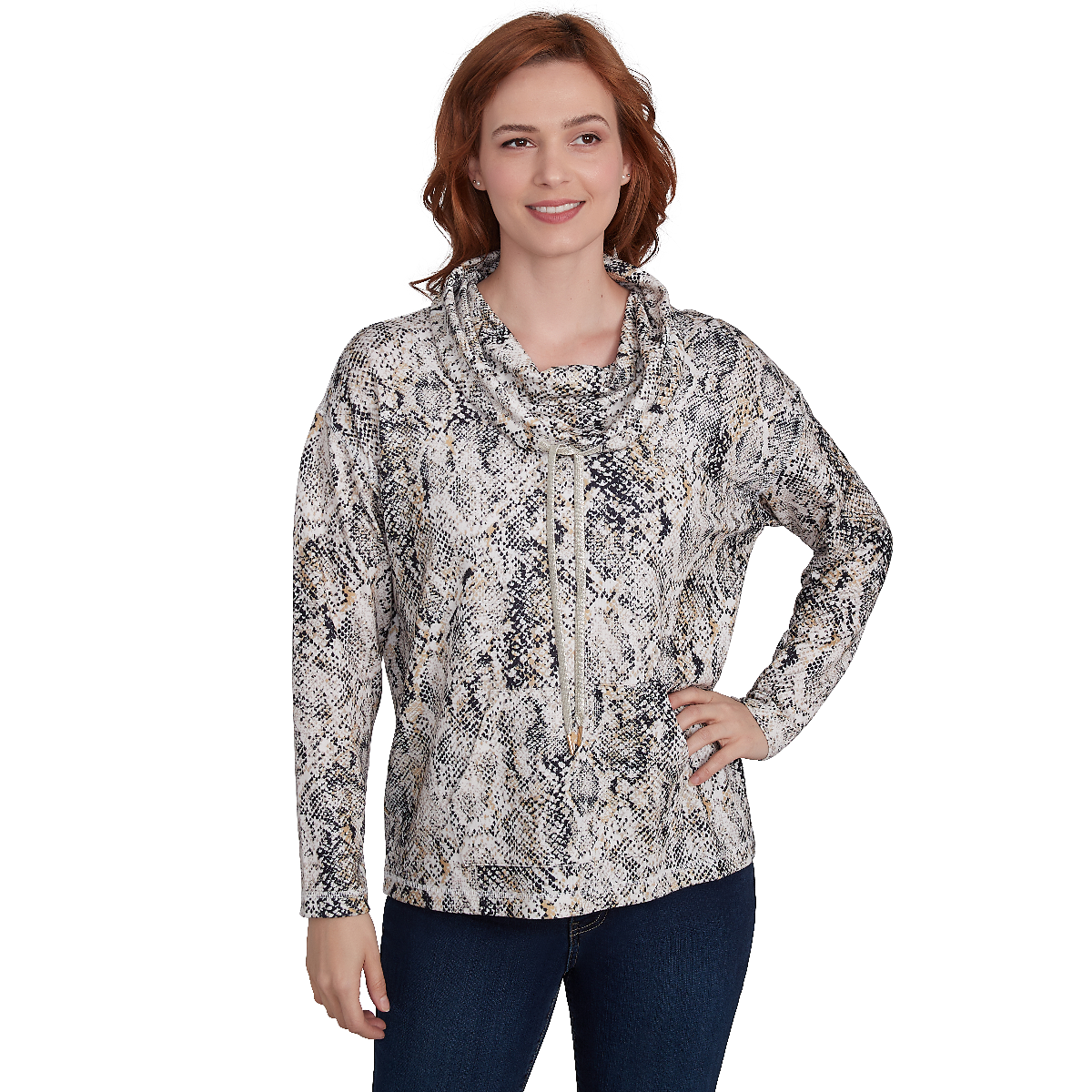 Plus Skye's The Limit Entertaining Snakeskin Cowl Neck Blouse