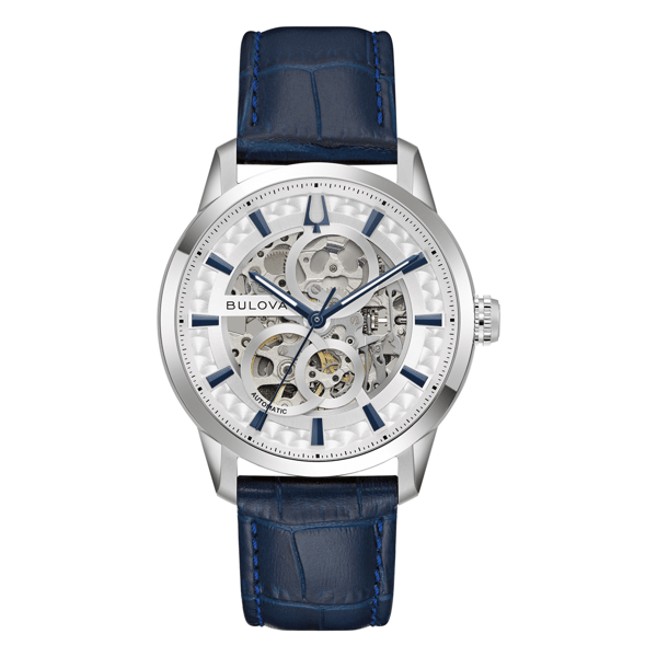 Mens Bulova Classic Sutton Automatic Blue Leather Watch - 96A330