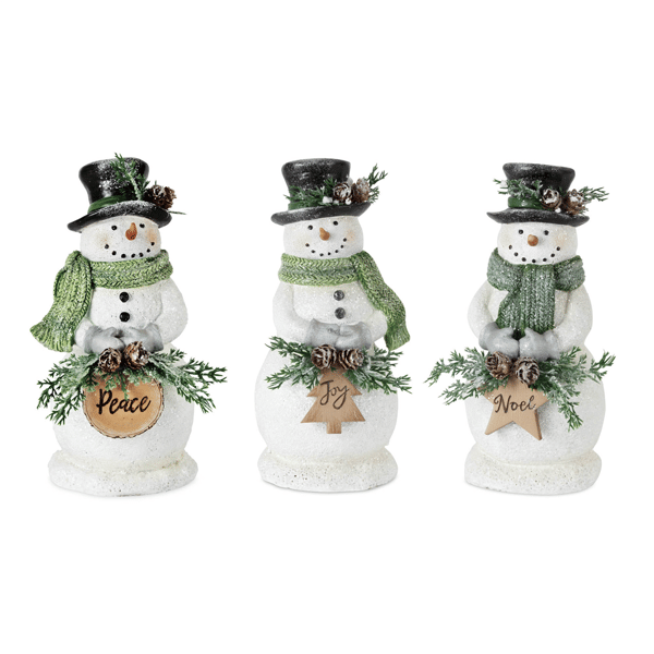 Melrose Holiday Snowman Figurine with Frosted Pine - Set of 3