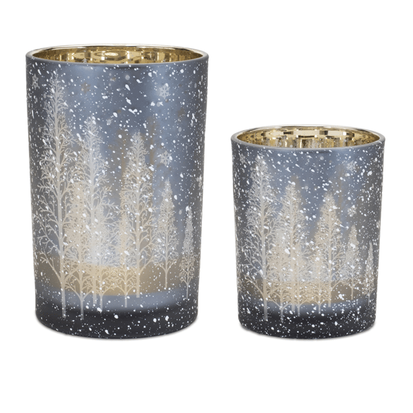 Melrose Navy Pine Tree Glass Candle Holder - Set of 2