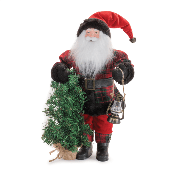 Melrose Plaid Santa Figurine with Tree & Lantern