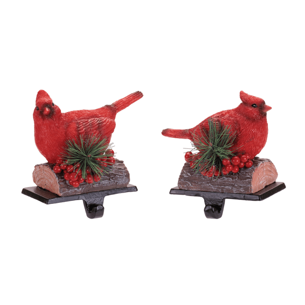 Melrose Red Cardinal Stocking Holders w/ Pine & Berries Set of 2