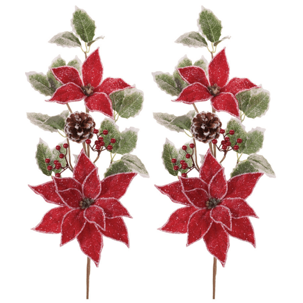 Melrose Poinsettia Floral & Holly Spray - Set of 2