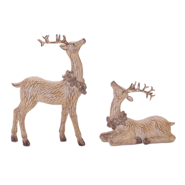 Melrose Carved Deer with Wreath Figurine - Set of 2