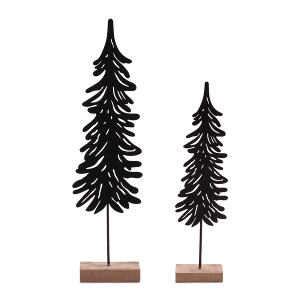 Melrose Cut-Out Metal Pine Tree with Wood Base - Set of 2