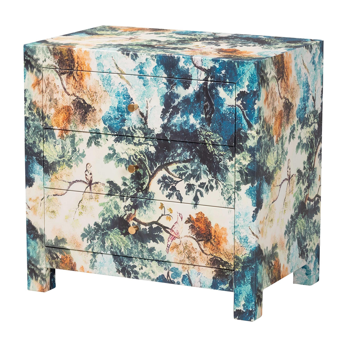 193271494620 Adeline End Table with Printed Nature Motif - 3-Drawer Storage Cabinet with Gold Knobs - Multi Color & Brass