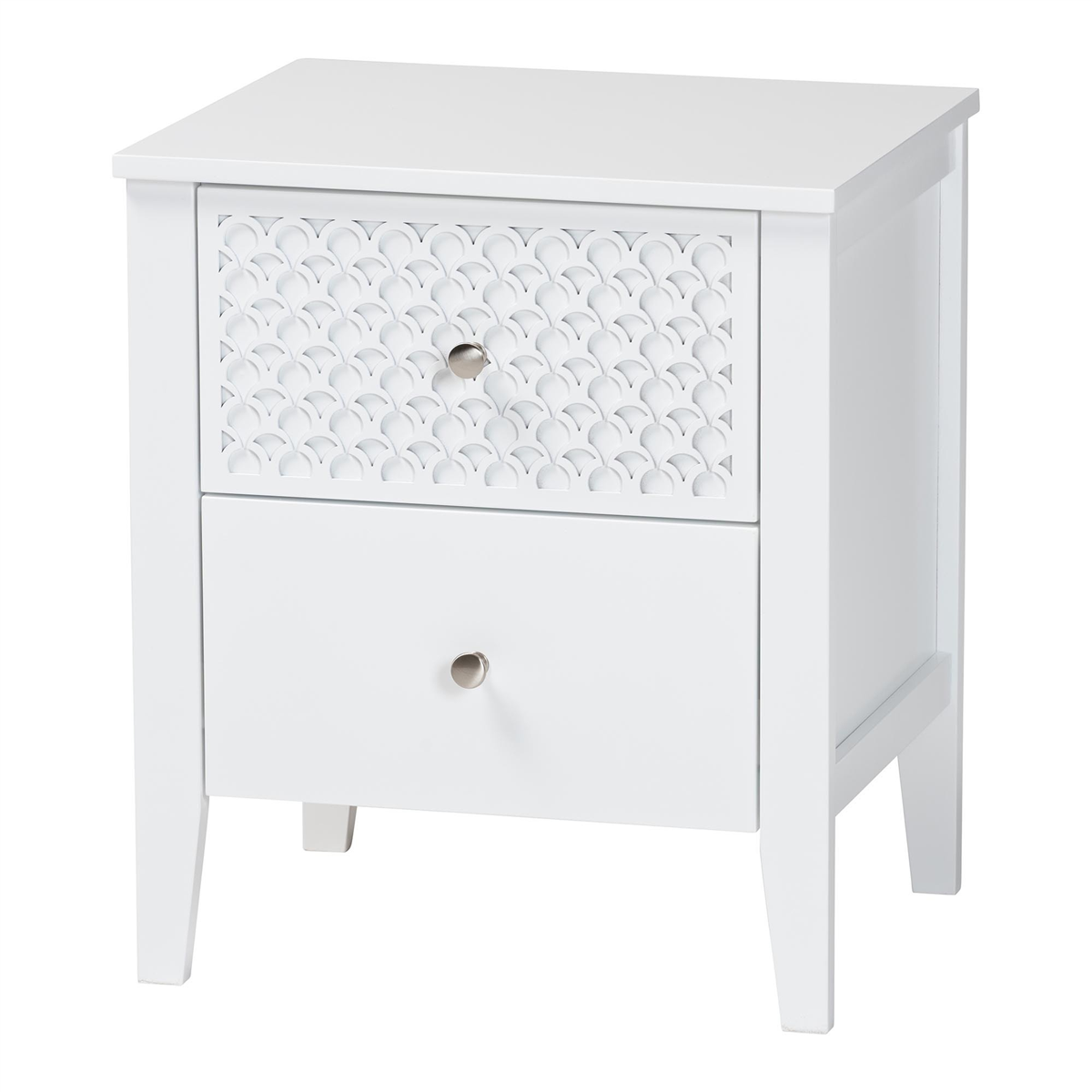 193271497522 Lara Nightstand - 2-Drawer Bedside Table with Laser-Cut Geometric Overlay for Bedroom or Guest Room, Oak Brown