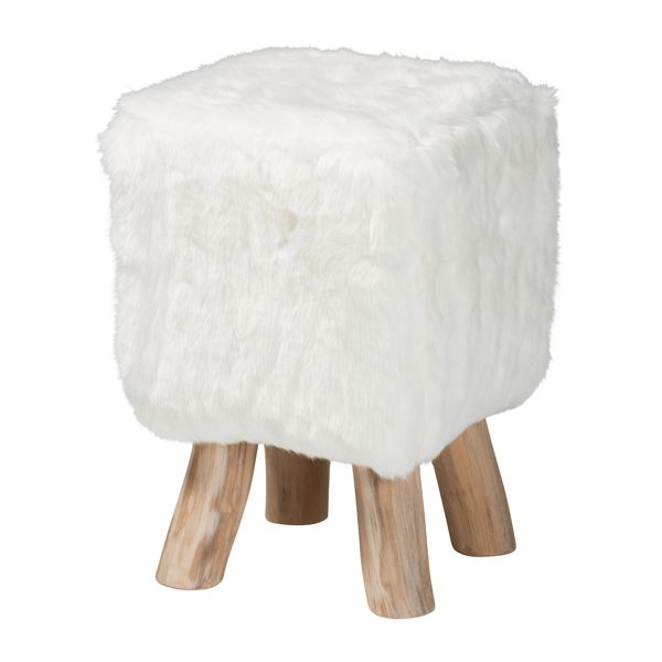 bali & pari Scotlyn Faux Fur Footstool with Teak Wood Legs