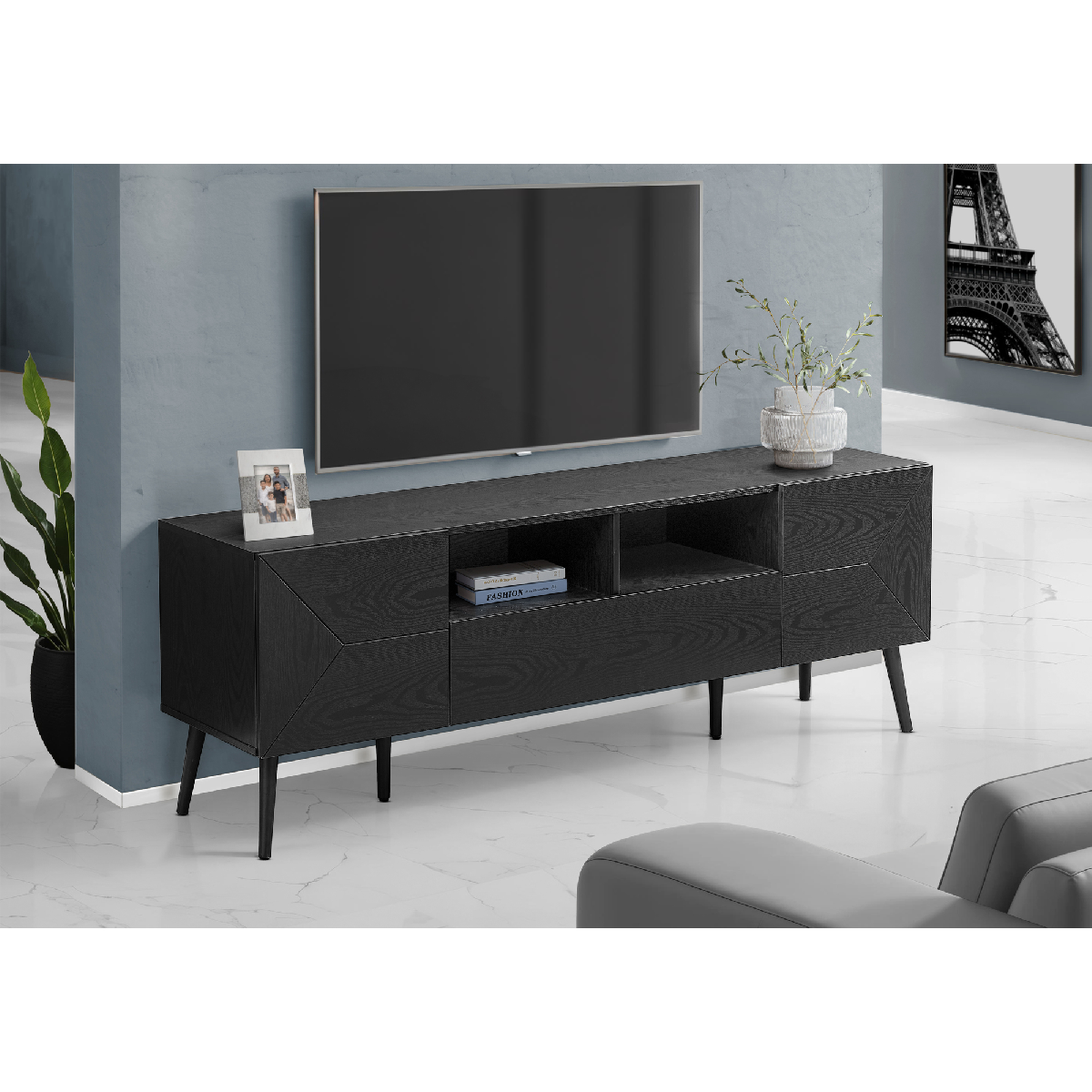 TV Stand, 72'', Console, Media Entertainment Center, Storage Drawer, Walnut Laminate, Mid Century