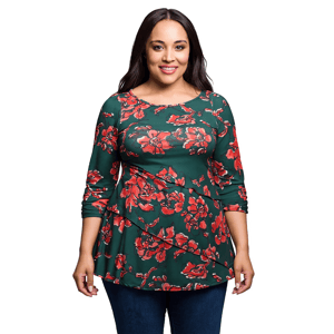 Plus Size 24/7 Comfort Apparel Green Floral 3/4 Sleeve Tunic Blou