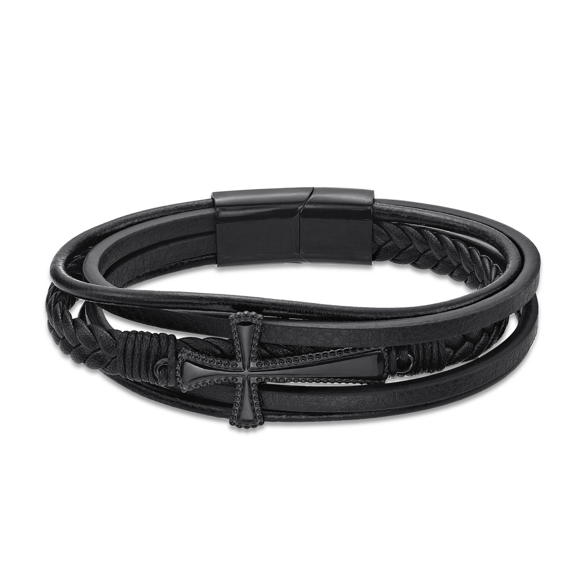 Mens Lynx Black Ion Plated & Black Leather Cross Bracelet