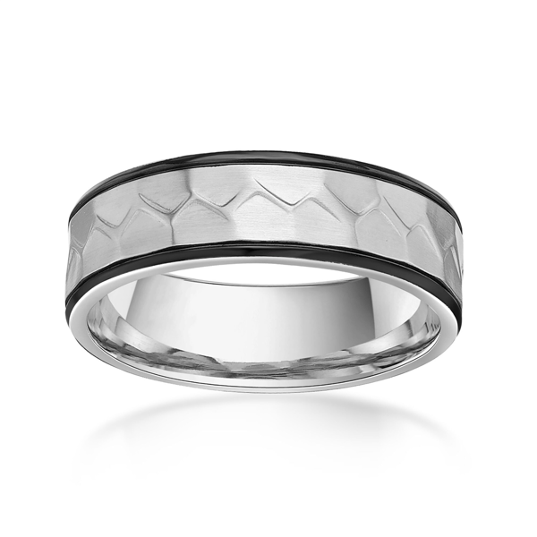 Mens Lynx Stainless Steel Hammered Double Black Stripe Ring