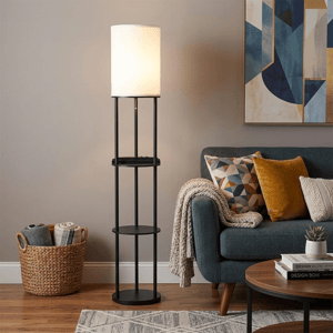 HomeRoots 67in. Black Metal Column Floor Lamp with Linen Shade