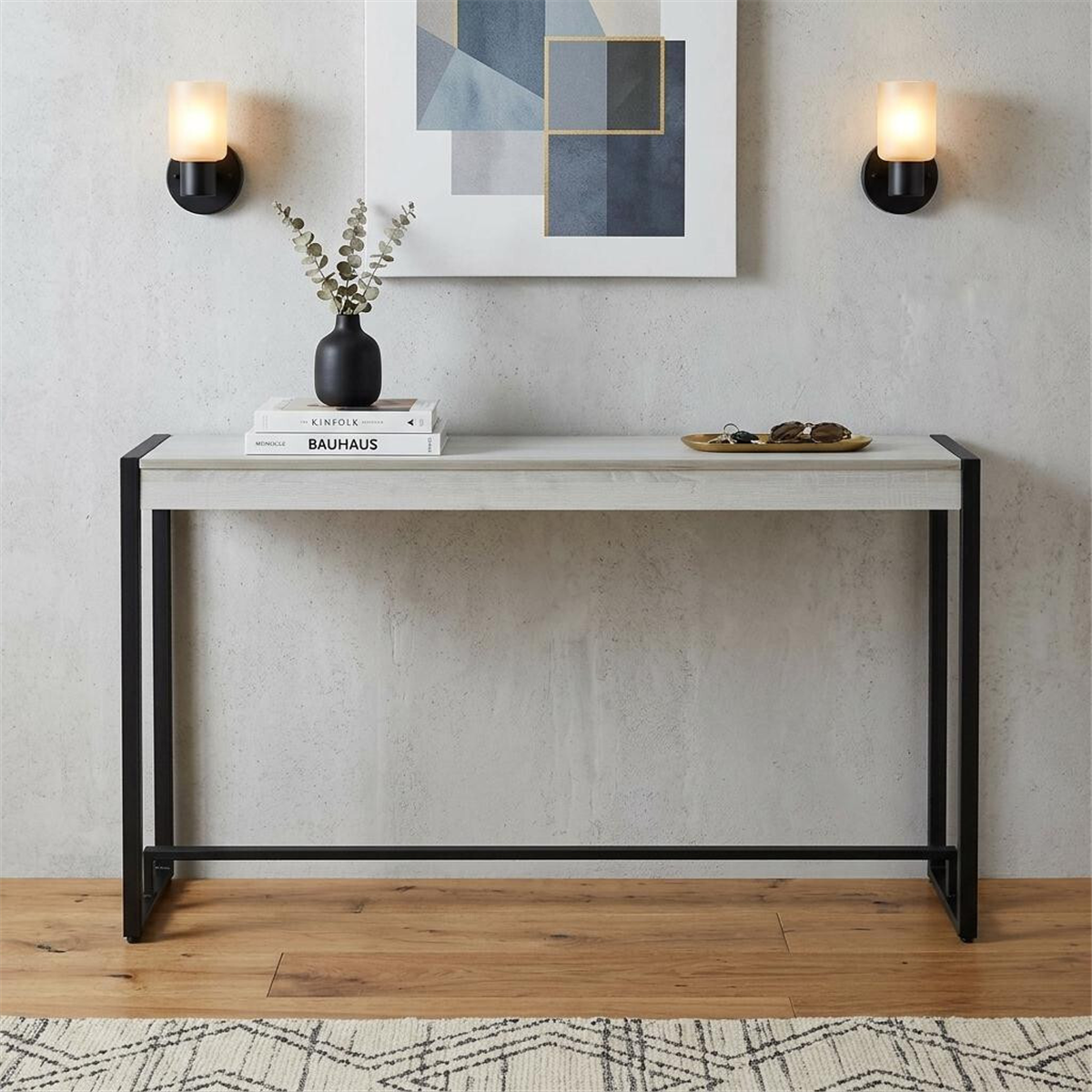 HomeRoots 54in. White & Black Distressed Sled Console Table