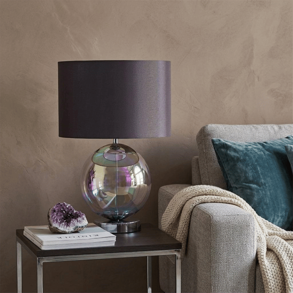 HomeRoots 19in. Iridescent Glass Globe Table Lamp with Drum Shade alternate view