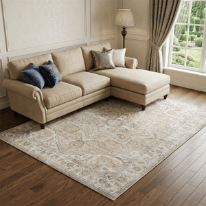HomeRoots Beige Oriental Power Loom Washable Area Rug