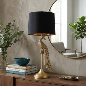HomeRoots 29in. Gold Peacock Table Lamp with Black Drum Shade alternate view