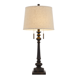 HomeRoots 32in. Charcoal Two Light Table Lamp with Tan Drum Shade