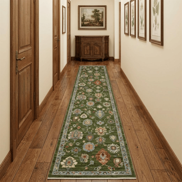 HomeRoots Green Yellow & Ivory Oriental Runner Rug With Fringe