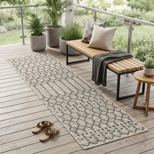 HomeRoots Light Grey & Black Trellis Indoor Outdoor Runner Rug