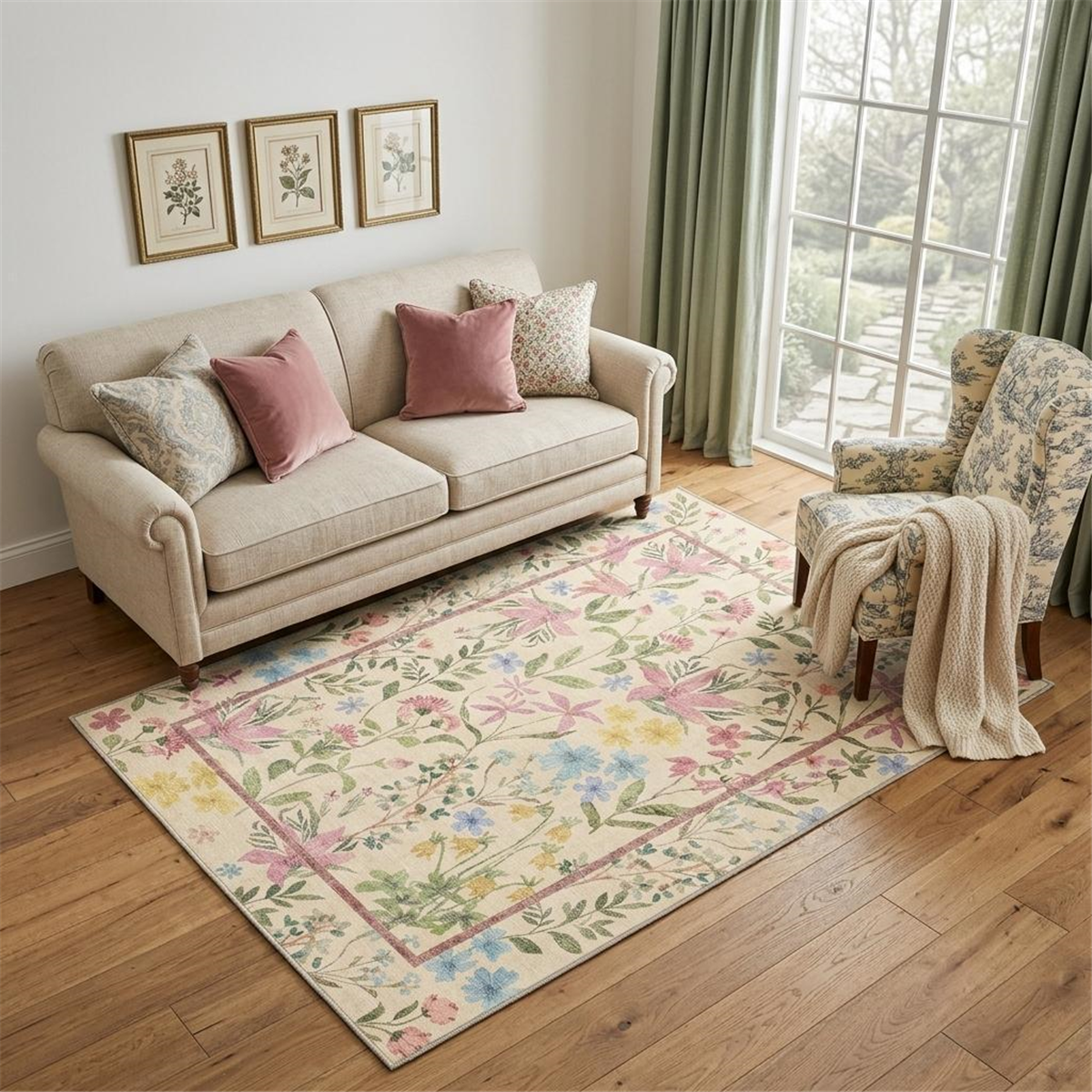 HomeRoots Ivory Pink & Green Floral Washable Area Rug