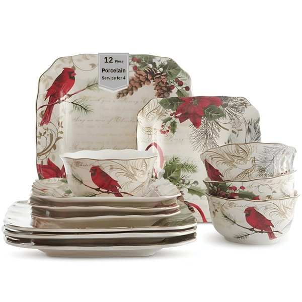 222 Fifth Holiday Wishes 12pc. Red Porcelain Dinnerware Set