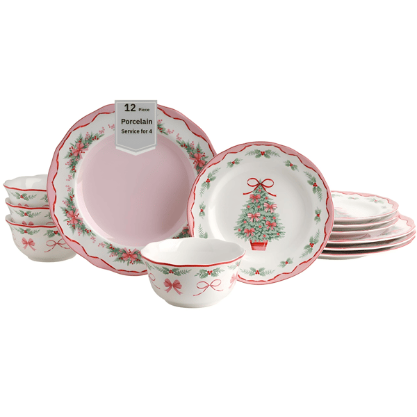 222 Fifth Pinkmas 12pc. Porcelain Christmas Dinnerware Set