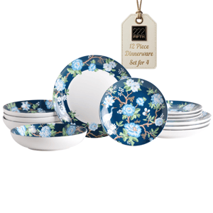 222 Fifth Nightingale 12pc Blue Florals Porcelain Dinnerware Set