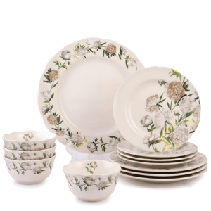 222 Fifth Luxe Peony Neutral Porcelain 12pc. Dinnerware Set