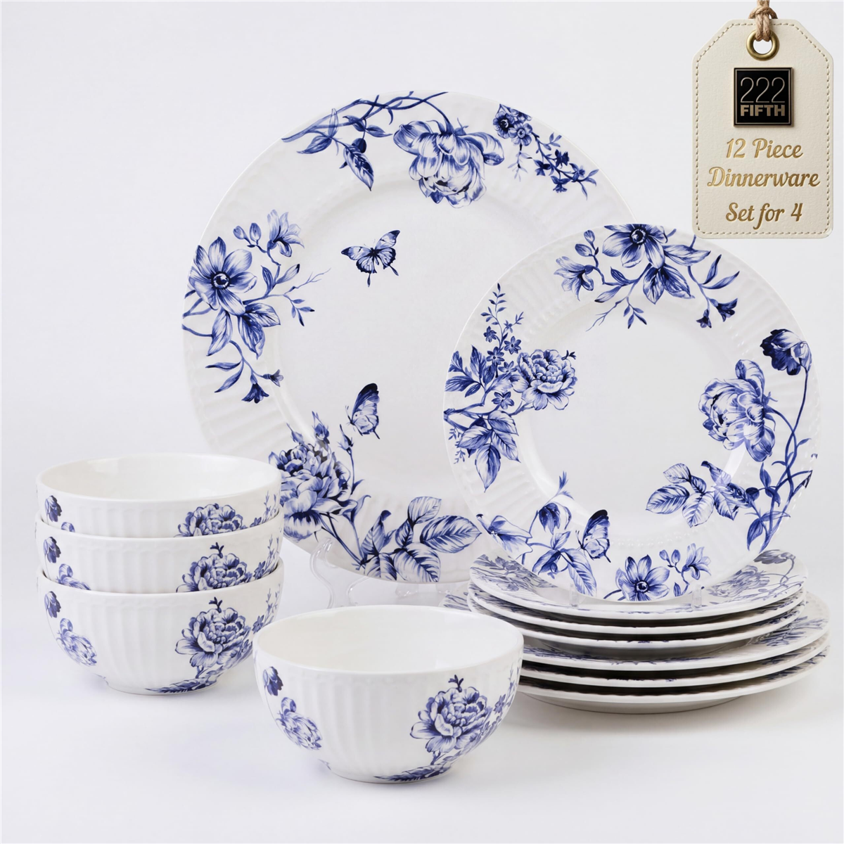 222 Fifth Cassian Embossed Toile Blue Porcelain 12 Pc. Dinnerware Set, Service for 4 - Blue