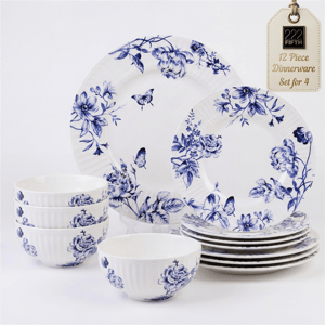 222 Fifth Cassian Embossed Toile Blue 12pc. Dinnerware Set