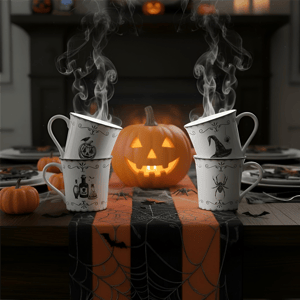 222 Fifth Elegant Haunting 4pc. White Porcelain Halloween Mug Set