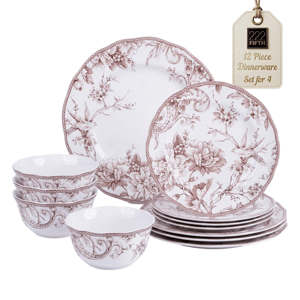222 Fifth Adelaide Brown on White Porcelain 12pc. Dinnerware Set