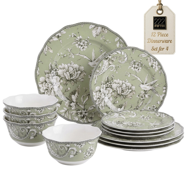 222 Fifth Adelaide Green Porcelain 12pc. Dinnerware Set