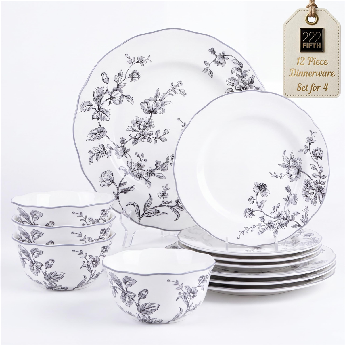 222 Fifth Bellamy Porcelain 12 Pc. Dinnerware Set, Service for 4 - Blue