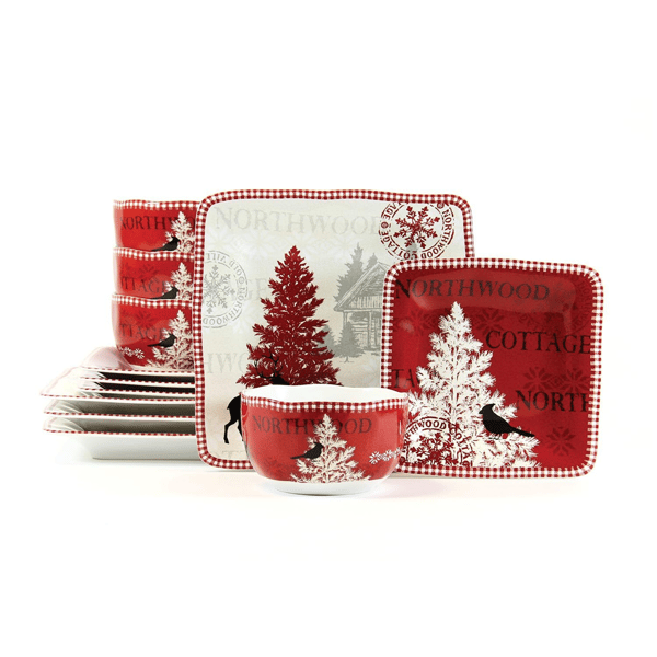 222 Fifth Northwood Cottage Holiday 12pc Porcelain Dinnerware Set