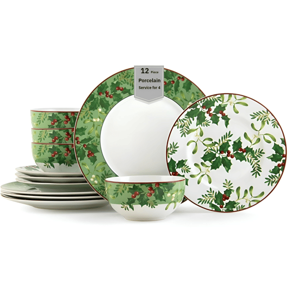 222 Fifth Christmas Foliage 12pc. Porcelain Dinnerware Set