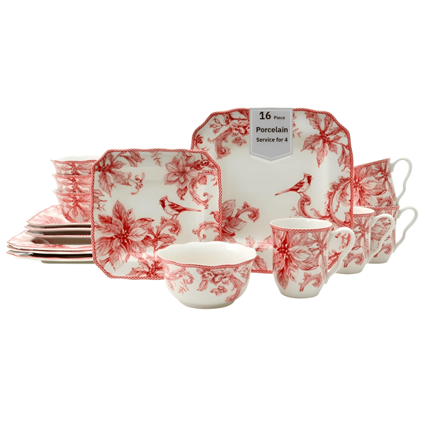 222 Fifth Christmas Lane 16pc. Porcelain Red Dinnerware Set