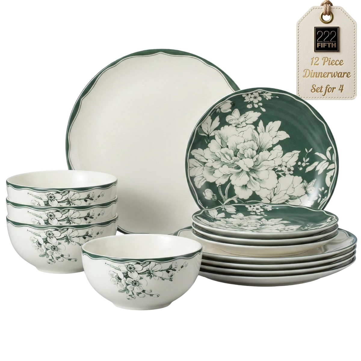 222 Fifth Brittany 12 Pc. Dinnerware Set, Service for 4 - Sage