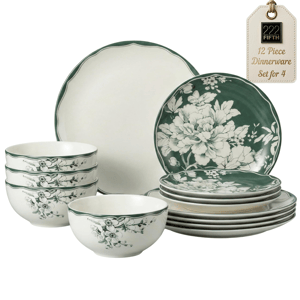 222 Fifth Brittany Stoneware Dinnerware Set 12pc. Sage Floral