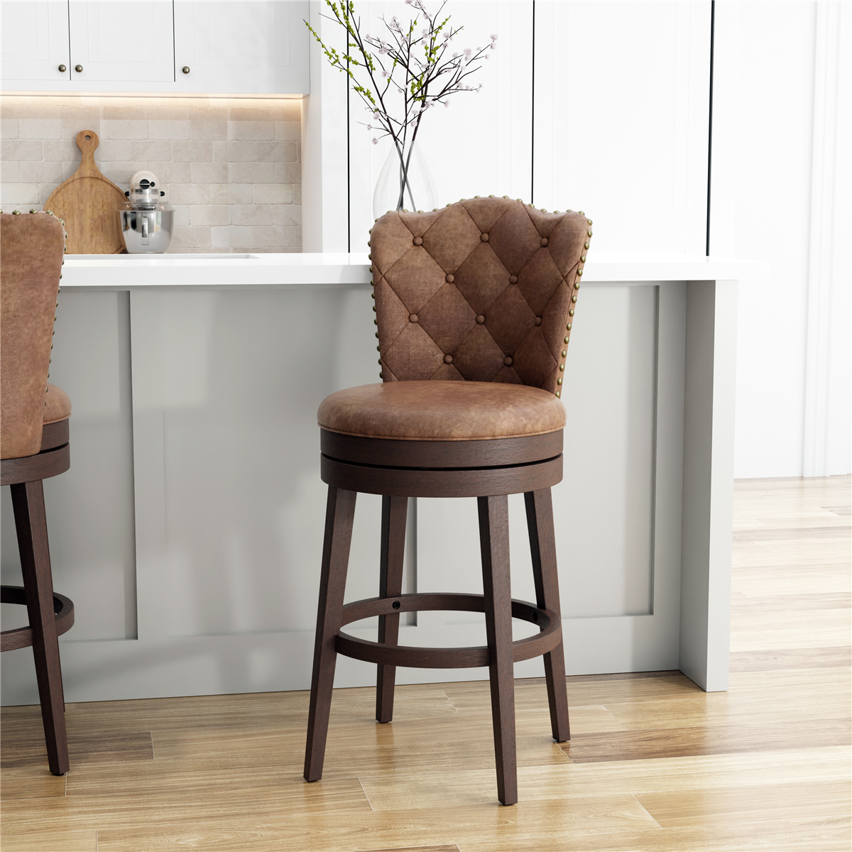 HH2 Home Edenwood Chestnut Bar Height Swivel Stool w/ Tufted Back