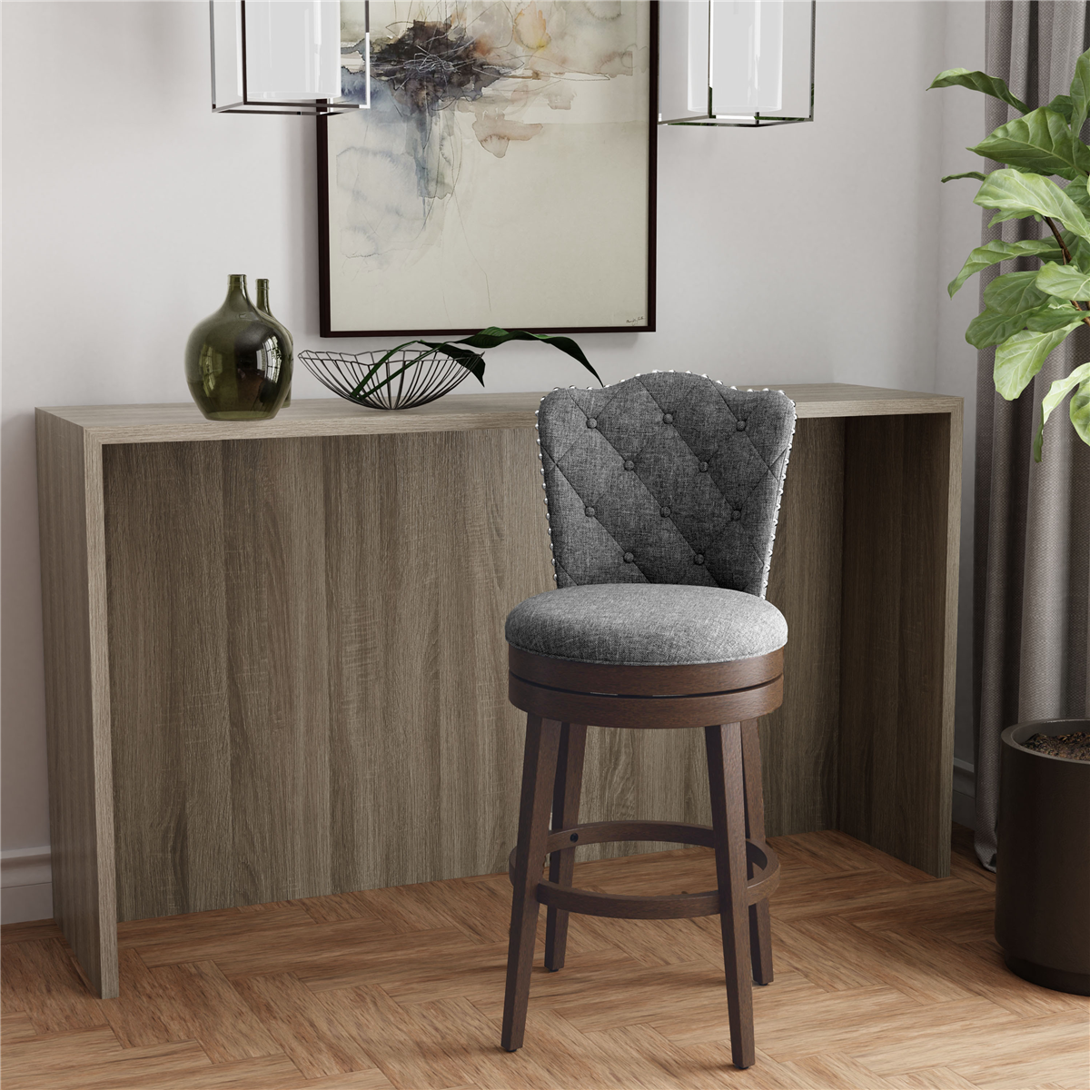 HH2 Home Edenwood Grey Bar Height Swivel Stool with Tufted Back