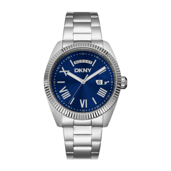 Mens DKNY Day Date Fluted Bezel Blue Dial Watch - DK1G141M0035